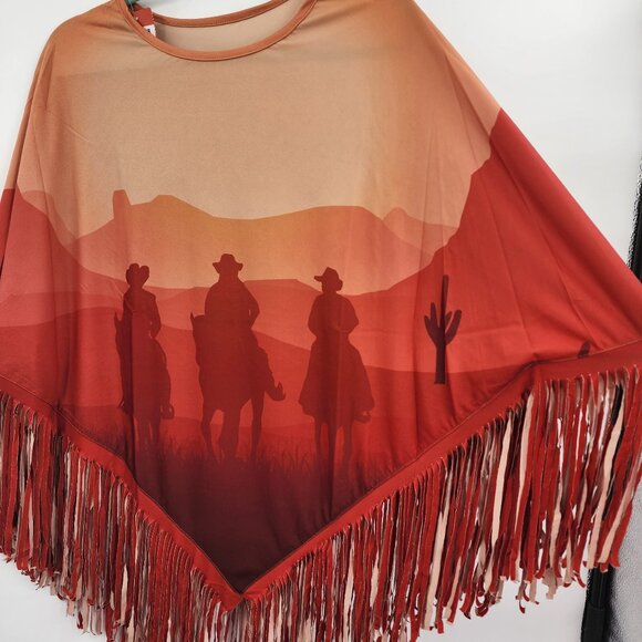 MONTANA WEST Cowboy Graphic Faux Suede Fringed Poncho OS NWT - Picture 3 of 7